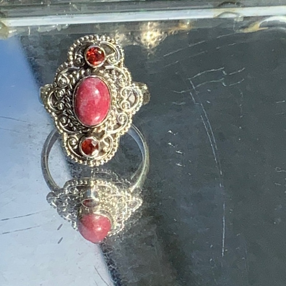 PINK THULITE & GARNET 925 STERLING SILVER RING, SIZE 7. - Picture 2 of 13